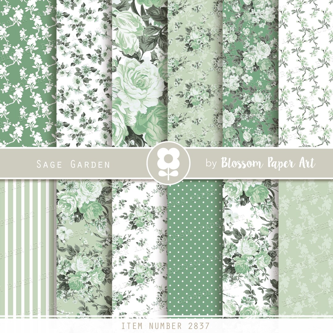 アート　PRETTY GREEN Prints 「Pocket Full」 Green Digital Papers, Floral Scrapbook Paper Pack, Junk