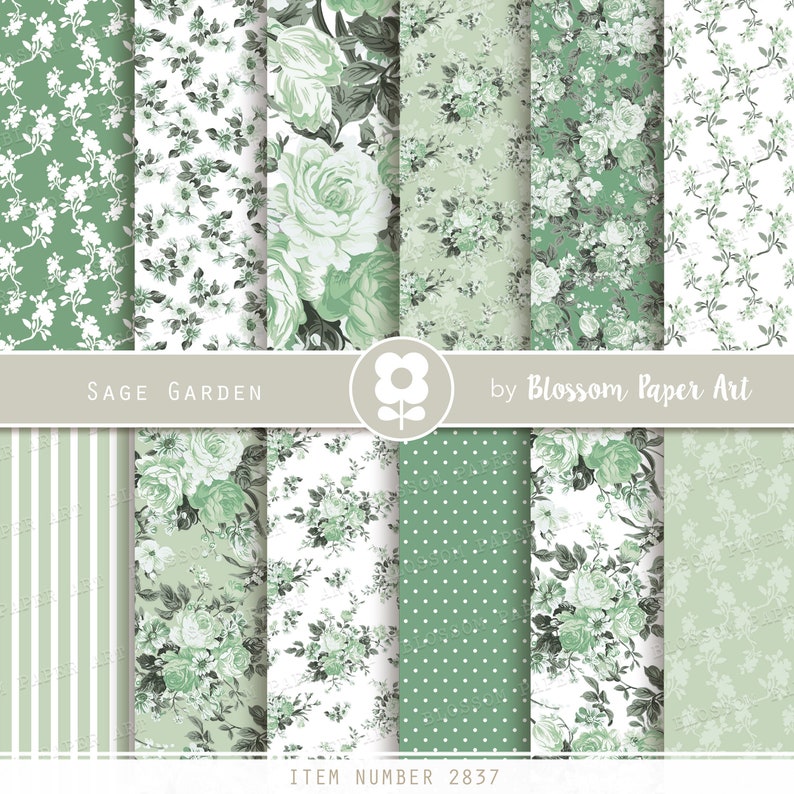 May include: Sage Garden digital paper pack with 10 different patterns featuring floral designs in shades of green and white. The patterns include stripes, polka dots, and various floral arrangements. The text "Sage Garden" and "Blossom Paper Art" are included in the image.