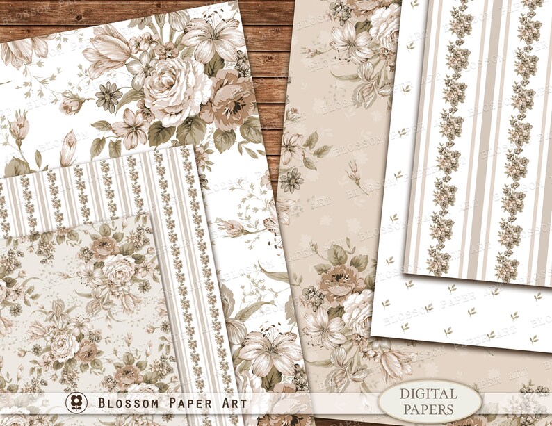 Brown Rose Victorian Digital Paper, Shabby Chic Scrapbook (digital ...