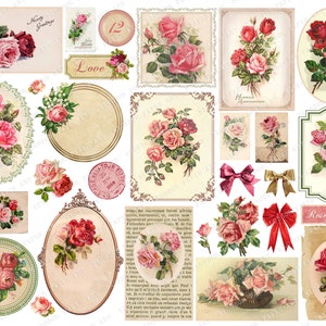 12 sobres vintage con pegatinas de rosas, pegatinas de álbum de recortes  florales vintage, pegatinas de acuarela, pegatinas efímeras vintage. VT-116