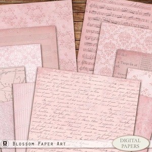 Vintage Rosa digitales Papier, altes Texturpapier für Junk Journal, Vintage Map, Musiknoten, Handschrift, Blumen Ephemera 2929 4
