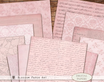 Vintage Pink Digital Paper, Old Texture Paper for Junk Journal, Vintage Map, Music Sheet, Handwriting, Floral Ephemera 2929 4