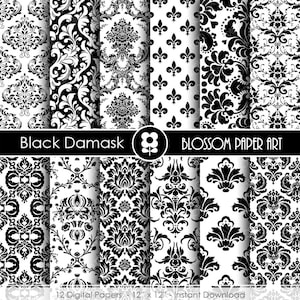 Carta digitale Damascano nero, nero scrapbooking carta digitale Pack, matrimonio, bianco e nero scrapbooking-INSTANT DOWNLOAD-1753