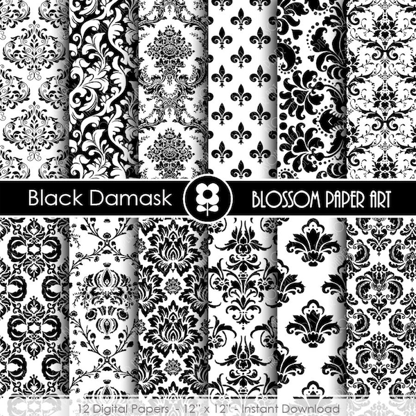 Black Damask Digital Paper, Black Scrapbooking Digital Paper Pack, Wedding, Black and White Scrapbooking - INSTANT DOWNLOAD  - 1753