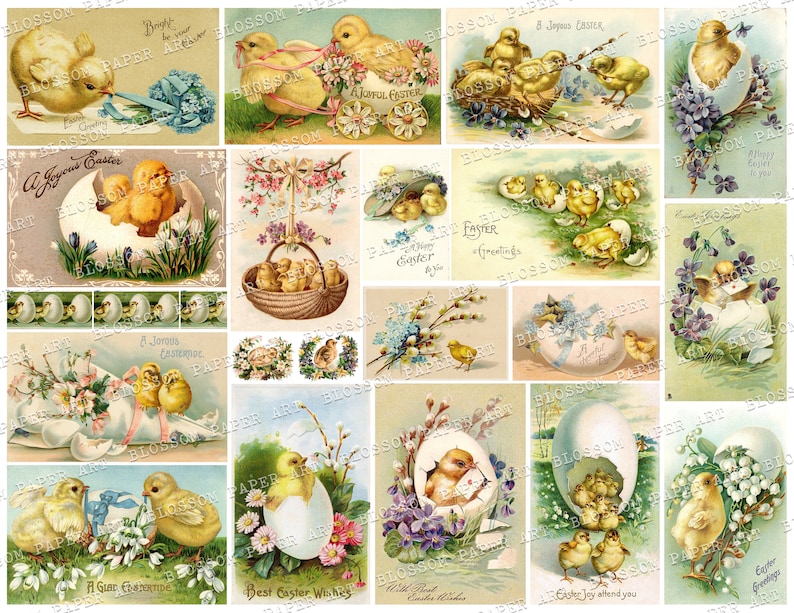 Peut inclure: Un collage de cartes de P&acirc;ques vintage repr&eacute;sentant des poussins, des &oelig;ufs et des fleurs de printemps. Les cartes pr&eacute;sentent une vari&eacute;t&eacute; de couleurs et de motifs, notamment le jaune, le bleu, le vert et le rose. Le texte sur les cartes comprend "Joyeuses P&acirc;ques", "Salutations de P&acirc;ques" et "Meilleurs v&oelig;ux de P&acirc;ques".