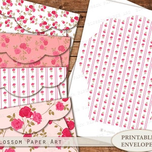 K&ouml;nnte beinhalten: Druckbare Briefumschlagvorlagen mit vier verschiedenen Blumenmustern mit rosa Rosen und wei&szlig;em Hintergrund. Die Muster umfassen ein rosa Blumenmuster, ein rosa-wei&szlig; gestreiftes Muster, ein rosa Blumenmuster mit gr&uuml;nen Bl&auml;ttern und ein rosa-wei&szlig; gestreiftes Muster. Der Text "Druckbare Umschl&auml;ge" befindet sich am unteren Rand des Bildes.