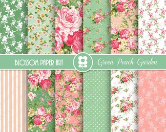 Digital Papers, Pink, Green Floral Digital Paper Pack, Scrapbooking Rose Papers - INSTANT DOWNLOAD  - 1933