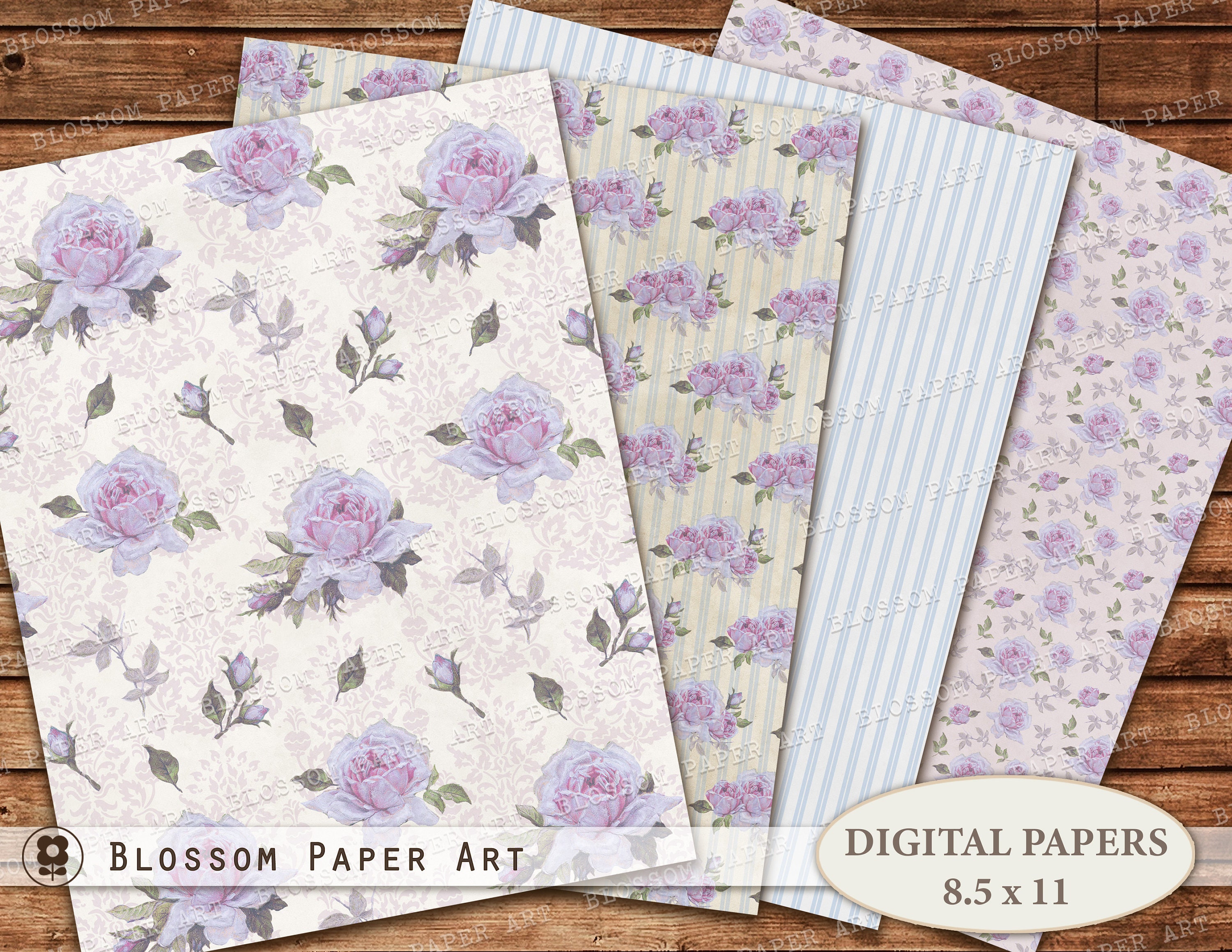 Purple Digital Paper Roses Scrapbook Paper Vintage Floral 