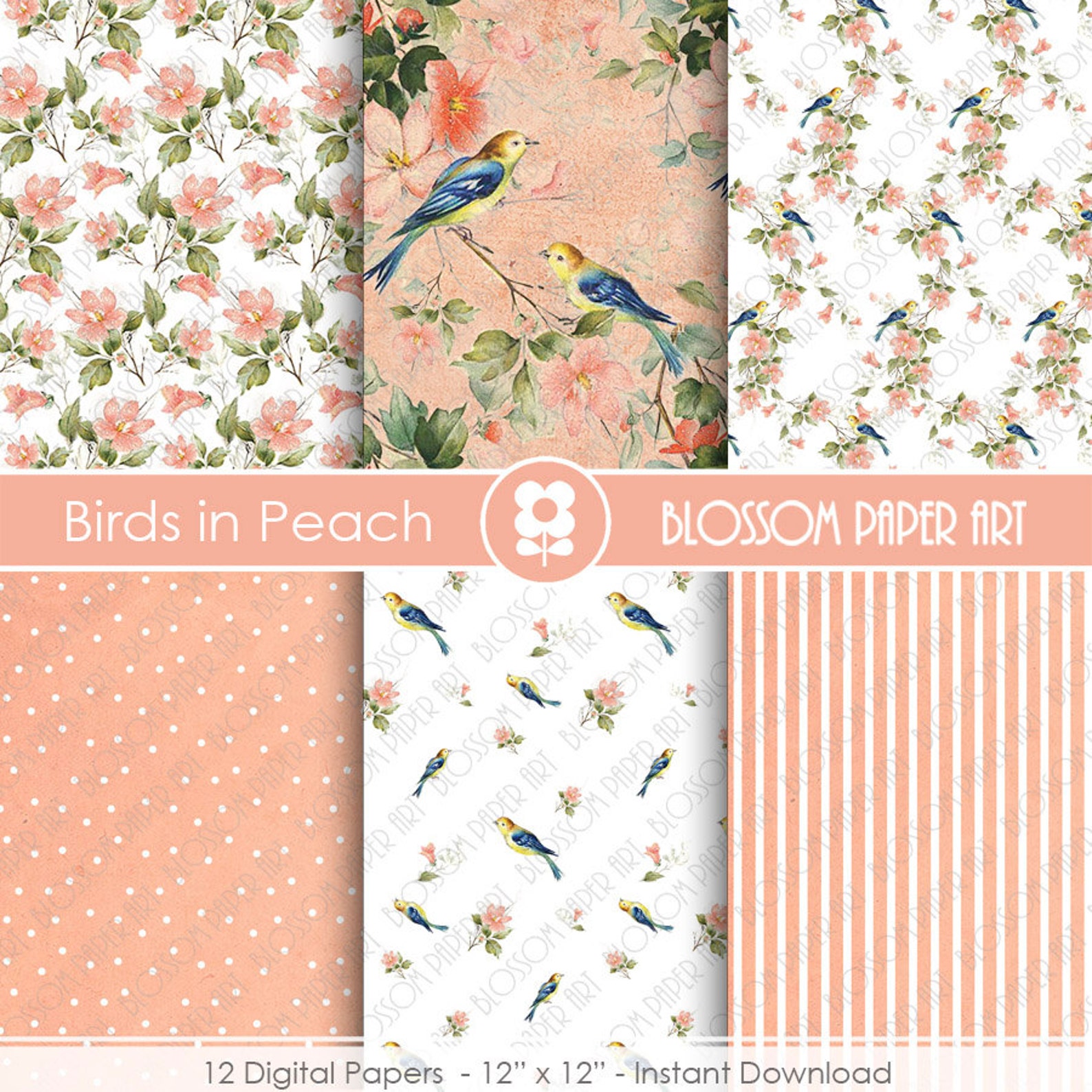 Digital Paper Birds Digital Paper Pack Peach Blue Birds - Etsy