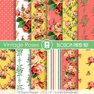 Yellow Digital Paper, Rose Digital Paper Pack, Floral Scrapbooking, Roses, Spring Scrapbook - INSTANT DOWNLOAD  - 1708