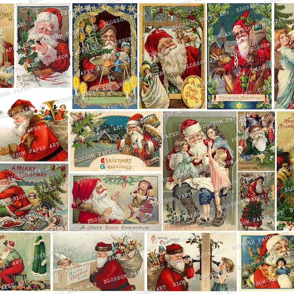 Vintage Christmas Santa Postcards, Christmas Ephemera, Printable Vintage Greeting Cards, Junk Journal Images 2867