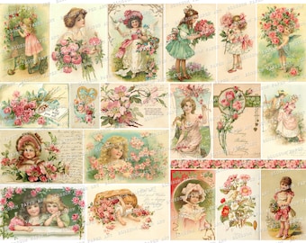 Vintage Ephemera, Pink Junk Journal Ephemera, Printable Collage Sheet, Roses, Postcards, Women old illustrations Digital Download 2872