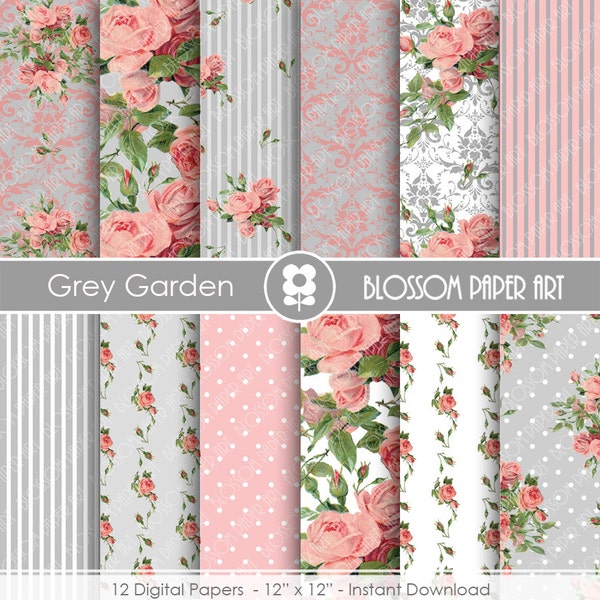 Pink and Grey Floral Digital Paper, Garden Shabby Chic Digital Paper Pack, Wedding, Scrapbooking Vintage Roses - INSTANT DOWNLOAD  - 1879