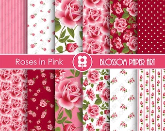 Rose Digital Paper, Pink Rose Digital Paper Pack, Pink Floral Scrapbooking, Floral Digital Paper, Vintage Roses - 1909