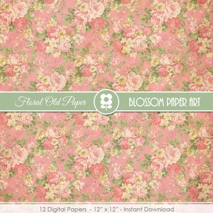 May include: A digital paper pack with 12 floral patterns in pink, white, and green. The patterns feature a vintage style with a distressed background. The text "Floral Old Paper" and "BLOSSOM PAPER ART" is included in the image. The digital papers are 12 inches by 12 inches.