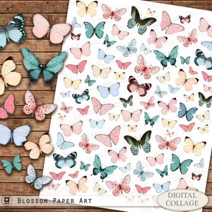 Mariposas imprimibles, Hoja de collage digital de mariposas, Mariposas rosas, azul claro para diario basura, Scrapbooking, Descarga digital 2988
