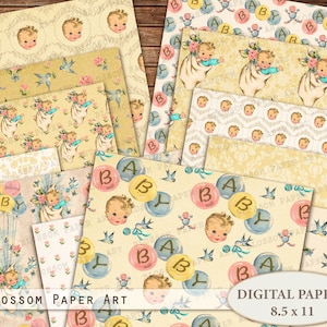 Carta digitale, Carta Scrapbook per bambini retrò, Foglio collage bambino vintage, Junk Journal Baby Ephemera Download digitale 2639