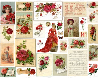 Red Roses Vintage Ephemera Collage Sheet: Junk Journal (Digital Download)
