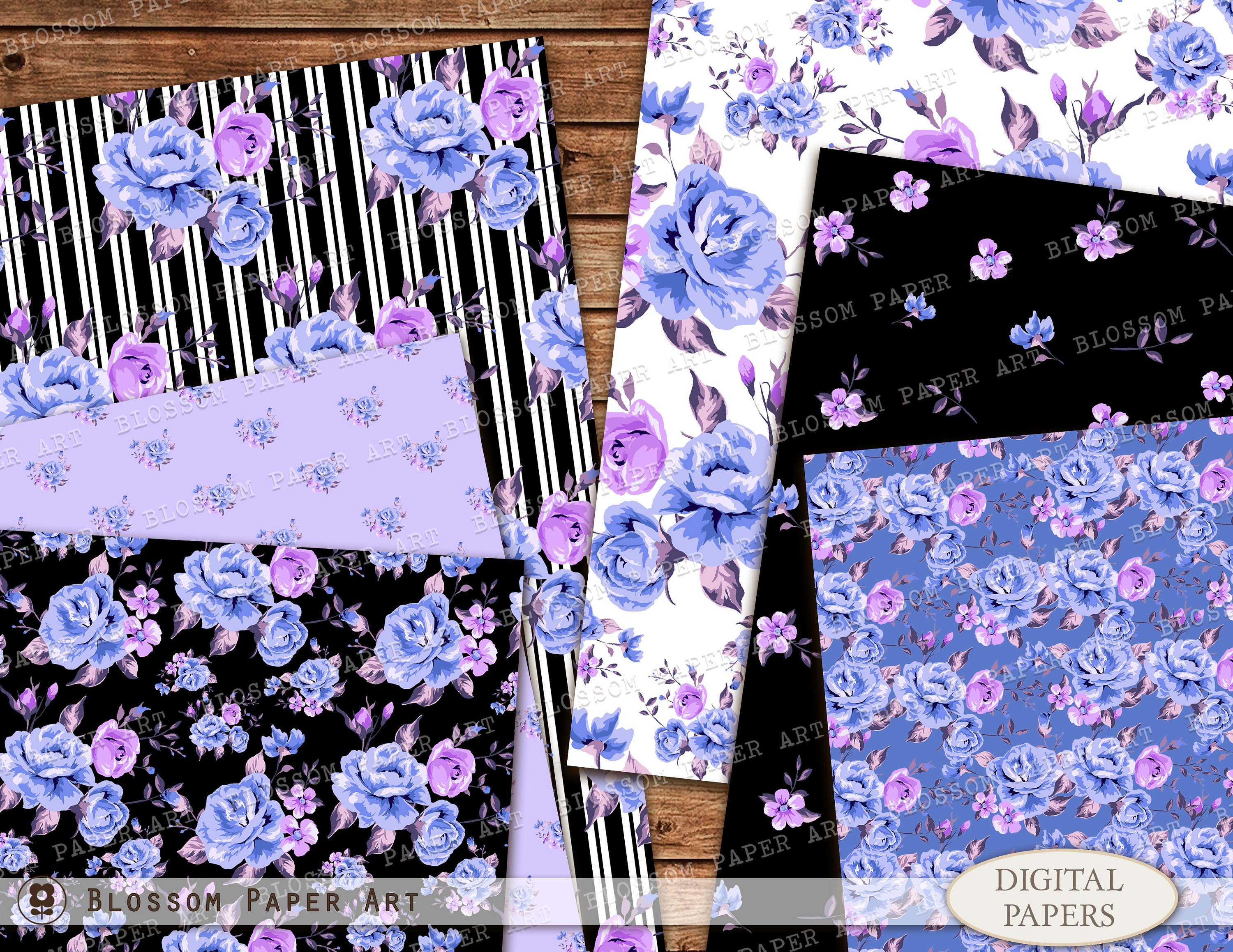 Blue and Black Digital Paper Floral Scrapbook Paper Pack Etsy