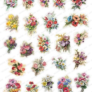 Pode incluir: Uma cole&ccedil;&atilde;o de 30 ilustra&ccedil;&otilde;es vintage de buqu&ecirc;s de flores. Os buqu&ecirc;s s&atilde;o compostos por v&aacute;rias flores em tons de rosa, vermelho, amarelo, azul e roxo. As ilustra&ccedil;&otilde;es est&atilde;o sobre um fundo branco.