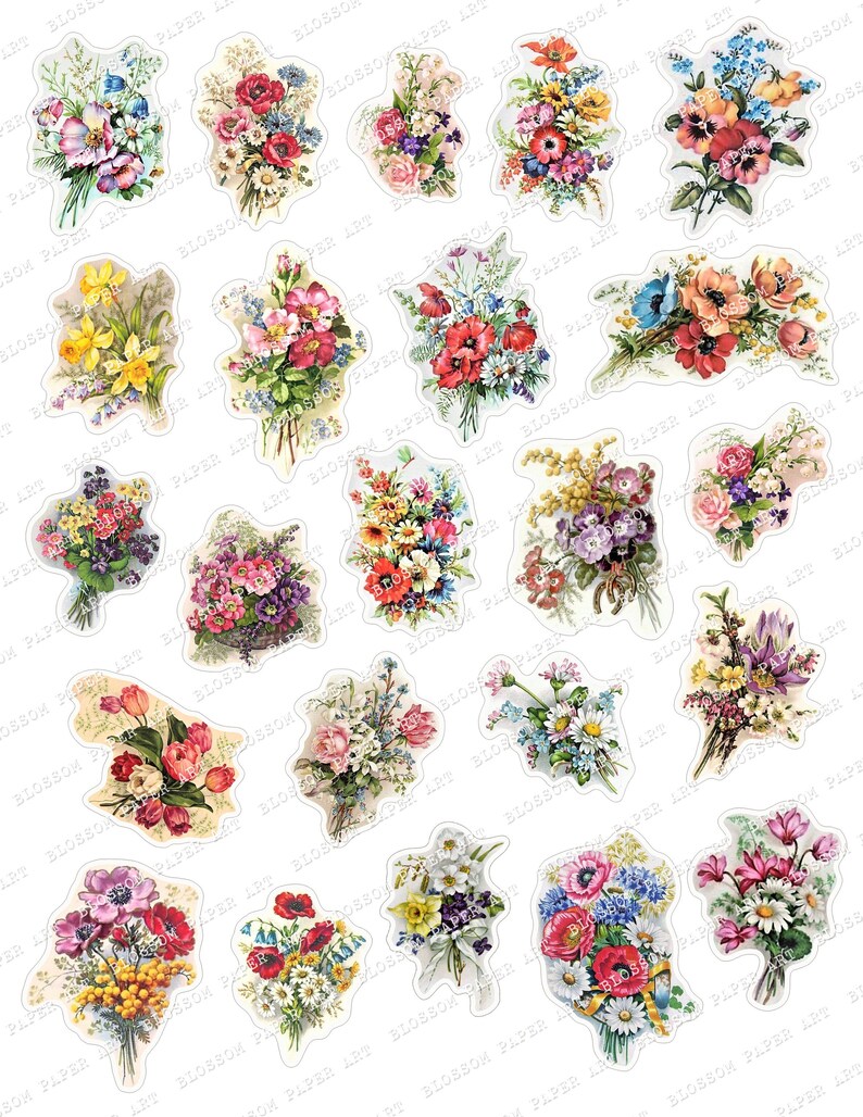 Pode incluir: Uma cole&ccedil;&atilde;o de 30 ilustra&ccedil;&otilde;es vintage de buqu&ecirc;s de flores. Os buqu&ecirc;s s&atilde;o compostos por v&aacute;rias flores em tons de rosa, vermelho, amarelo, azul e roxo. As ilustra&ccedil;&otilde;es est&atilde;o sobre um fundo branco.
