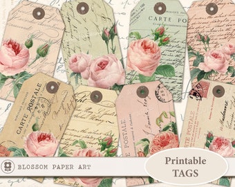 VINTAGE ROSES Printable Gift Tags Vintage Roses Digital Collage Sheet Printable Sheet Paper Crafts Scrapbook, journaling tags 2233