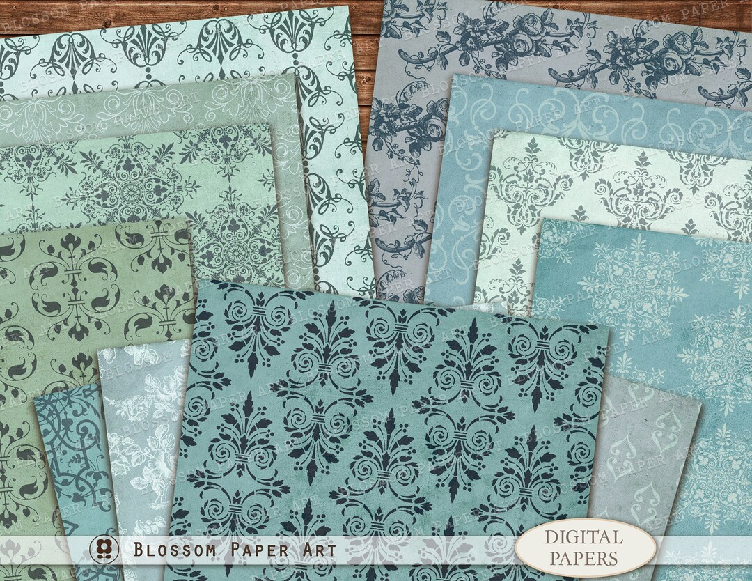 Boho Digital Paper, Blue Junk Journal Printable Papers, Digital ...
