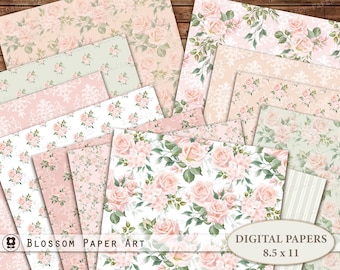 Rose Digital Paper Pack, Shabby Chic Scrapbook Pages (Digital Download)
