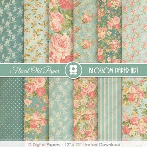 Teal Floral Digital Paper Pack: Vintage Rose Scrapbook (Digital Download)