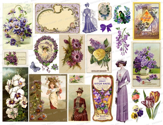 Purple Vintage Ephemera Collage Sheet: Printable Antique Images (Digital Download)