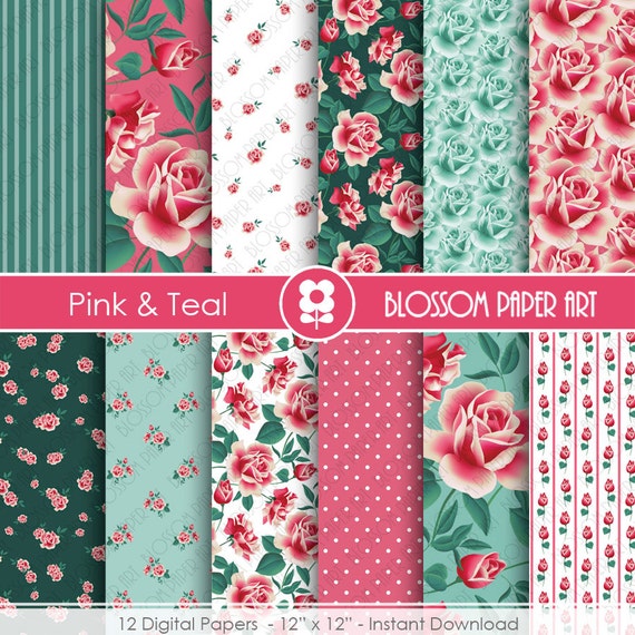 Download Teal Pink Digital Paper Floral Digital Papers Scrapbooking ...