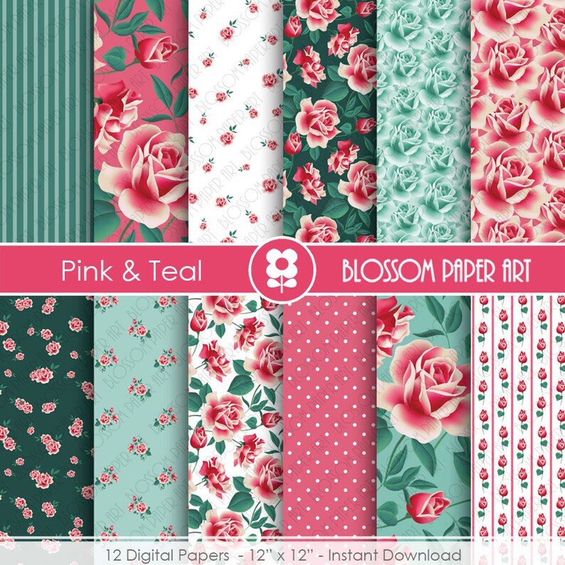 Download Teal Pink Digital Paper Floral Digital Papers Scrapbooking ...