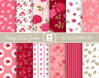 Rose Digital Paper, Shabby Chic Scrapbooking Paper Pack, Cherry Roses, Wedding, Scrapbooking, Roses - INSTANT DOWNLOAD  - 1985 2