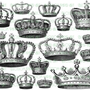 May include: A collection of 14 black and white illustrations of crowns. The crowns are ornate and detailed, with various designs and shapes.