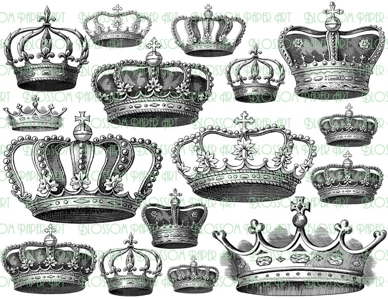 May include: A collection of 14 black and white illustrations of crowns. The crowns are ornate and detailed, with various designs and shapes.