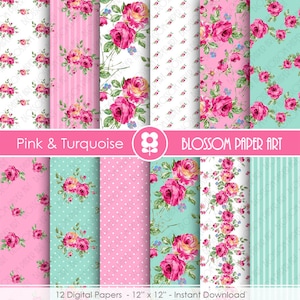 Roze bloemenpapier, lichtblauw bloemenpapier, digitaal scrapbooking, rozenpapier - INSTANT DOWNLOAD - 1900