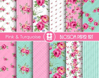 Pink Floral Papers, Light Blue Floral Paper Pack, Digital Scrapbooking, Rose Papers - INSTANT DOWNLOAD  - 1900