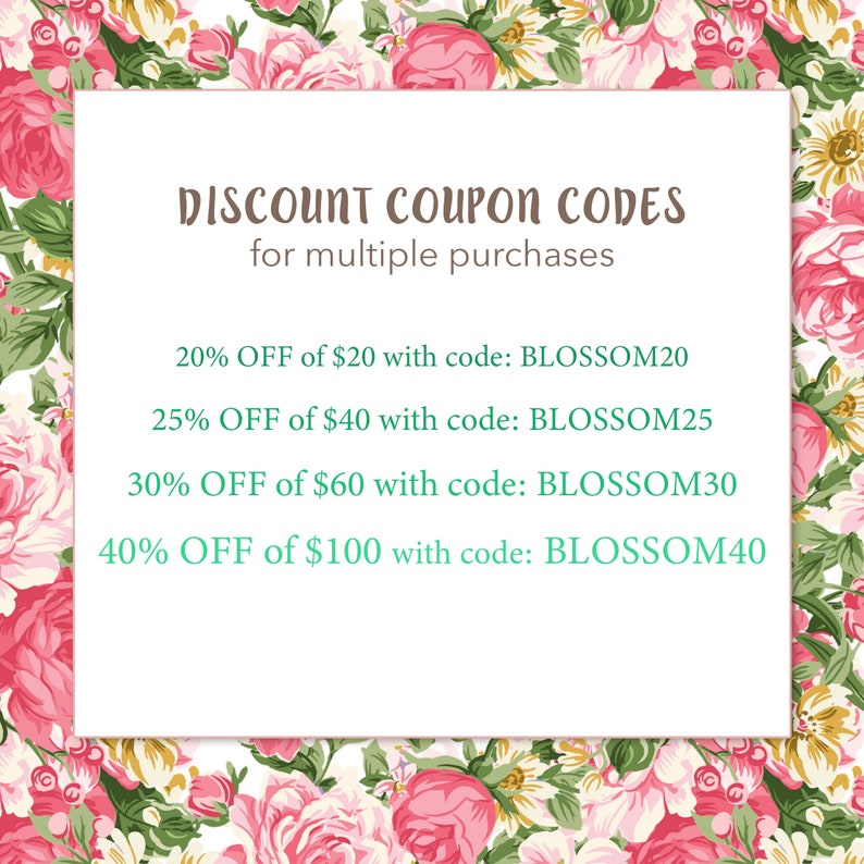 K&ouml;nnte beinhalten: Eine wei&szlig;e Karte mit einem floralen Rand und dem Text "DISCOUNT COUPON CODES for multiple purchases". Die Karte listet vier Rabattcodes mit unterschiedlichen Prozents&auml;tzen auf verschiedene Betr&auml;ge in Euro auf.