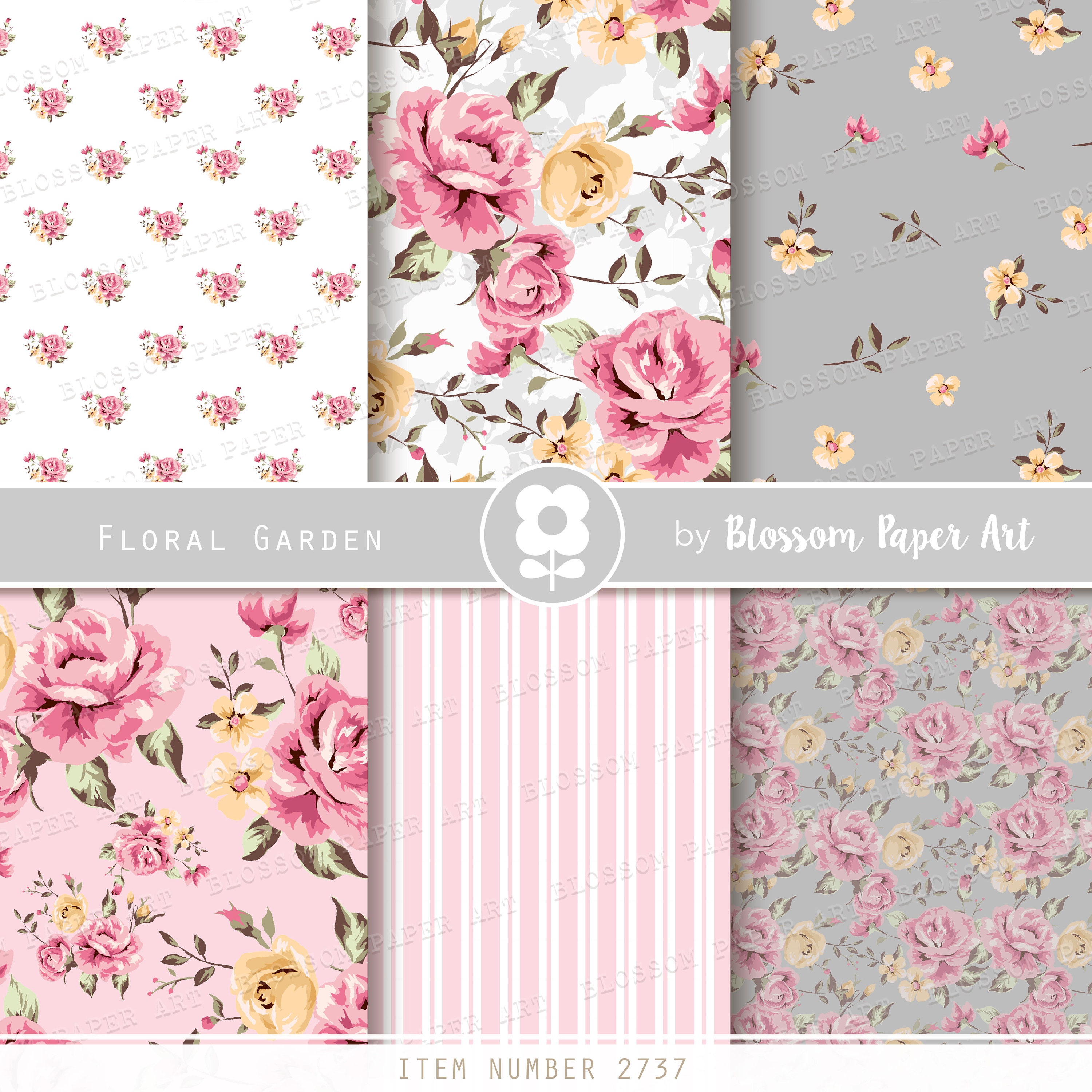 Gray Digital Paper, Floral Scrapbook Paper Pack, Floral Collage Sheet,  Digital Papers, Floral Digital Scrapbooking Pack Decoupage 2737 