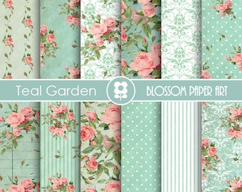 Teal Digital Paper, Vintage Roses Shabby Chic Digital Paper Pack, Wedding, Scrapbooking, Pink Vintage Roses - INSTANT DOWNLOAD  - 1877