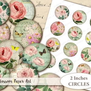 Könnte beinhalten: Zwölf Papierkreise mit einem Durchmesser von 5 cm mit Vintage-Blumenmustern. Jeder Kreis zeigt ein anderes Blumenmuster mit rosa, weißen und grünen Blumen, Blättern und Schmetterlingen. Die Kreise sind auf weißem Papier mit hellgrünem Hintergrund gedruckt.
