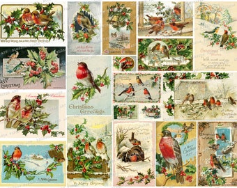 Vintage Christmas Cards, Christmas Ephemera, Birds, Christmas Holly Cards, Junk Journal Images, Christmas Printable Scraps, Collage 2863