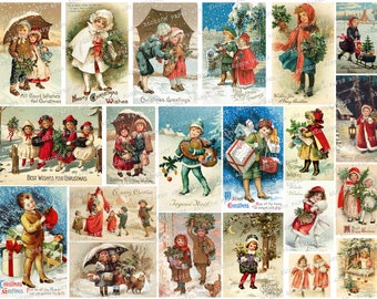 May include: A collage of vintage Christmas postcards featuring children in winter scenes. The cards display children with gifts, wreaths, and lanterns, with text like "Christmas Greetings" and "Best Wishes for Christmas."