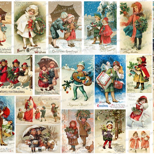 Christmas Vintage Cards, Vintage Kids Christmas Graphics, Junk Journal Cards, Christmas Collage Sheet, Printable Images 2862