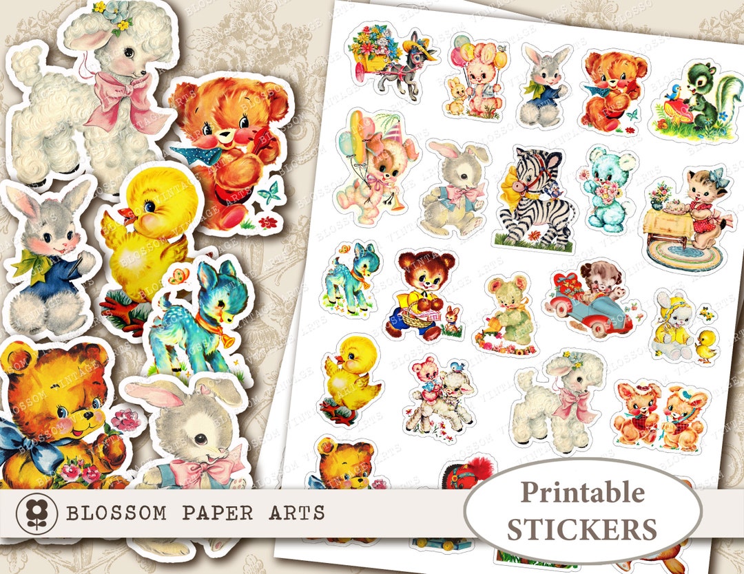 VINTAGE Baby Animals Stickers, Printable Stickers, Vintage Nursery