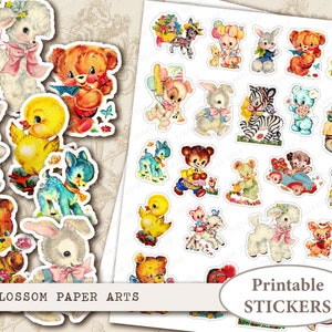 VINTAGE Baby Animals Stickers, Printable Stickers, Vintage Nursery Animals Die Cut, Digital Collage Sheet Digital Download 2691