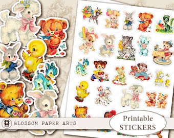 Vintage Baby Tiere Sticker: Collage zum Ausdrucken (Digitaler Download)