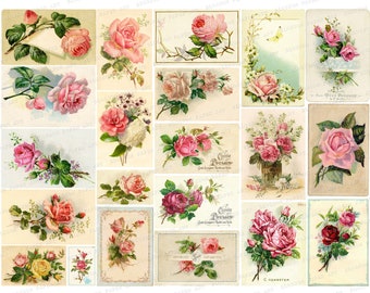 Efemere vintage rozenkaarten: afdrukbaar collageblad ongewenste dagboeken (digitale download)