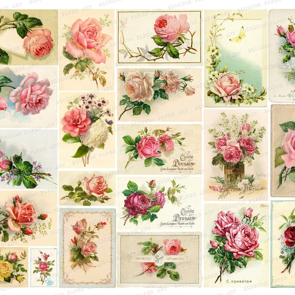 Vintage Roses Cards, Printable Vintage Ephemera, Junk Journal Cards, Digital Collage Sheet Digital Download 2797