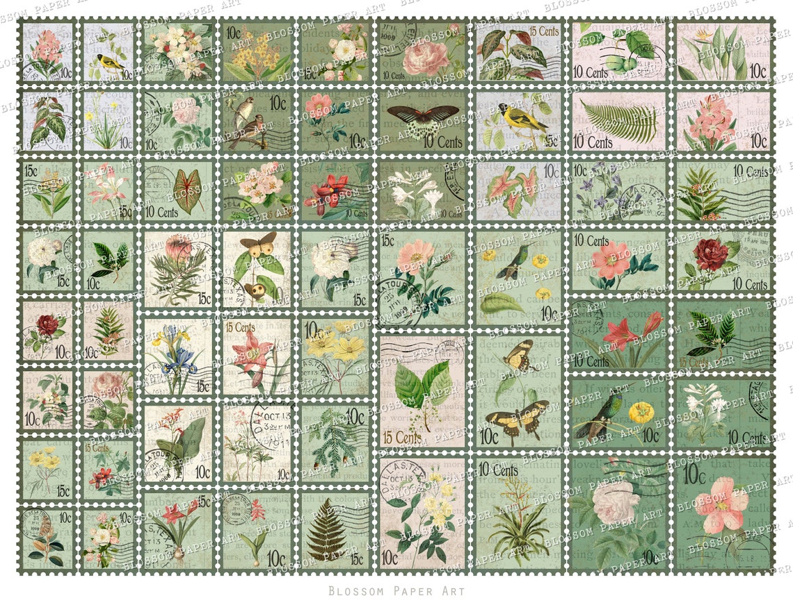 Printable Stamps Collage Sheet Postage Stamps Junk Journal Etsy